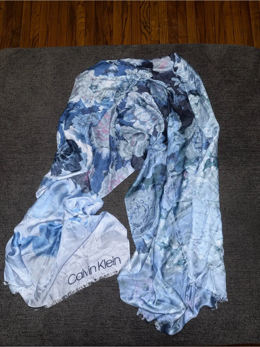 Calvin Klein Blue Floral Oversized Scarf Wrap 67.5” Watercolor Print